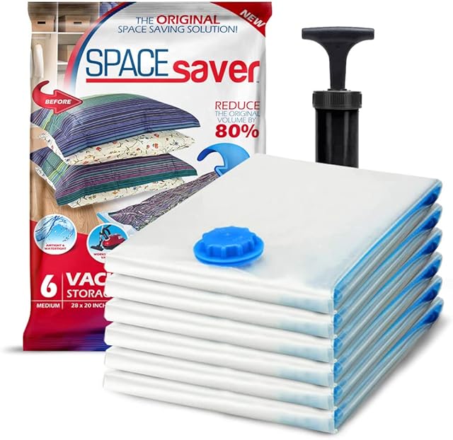 Spacesaver Premium Vacuum Storage Bags. 80% More Storage, Hand-Pump for Travel, Vacuum Sealer Bag with Double-Zip Seal and Triple Seal Turbo-Valve for Max Space Saving in storage bag (Medium 6 Pack)