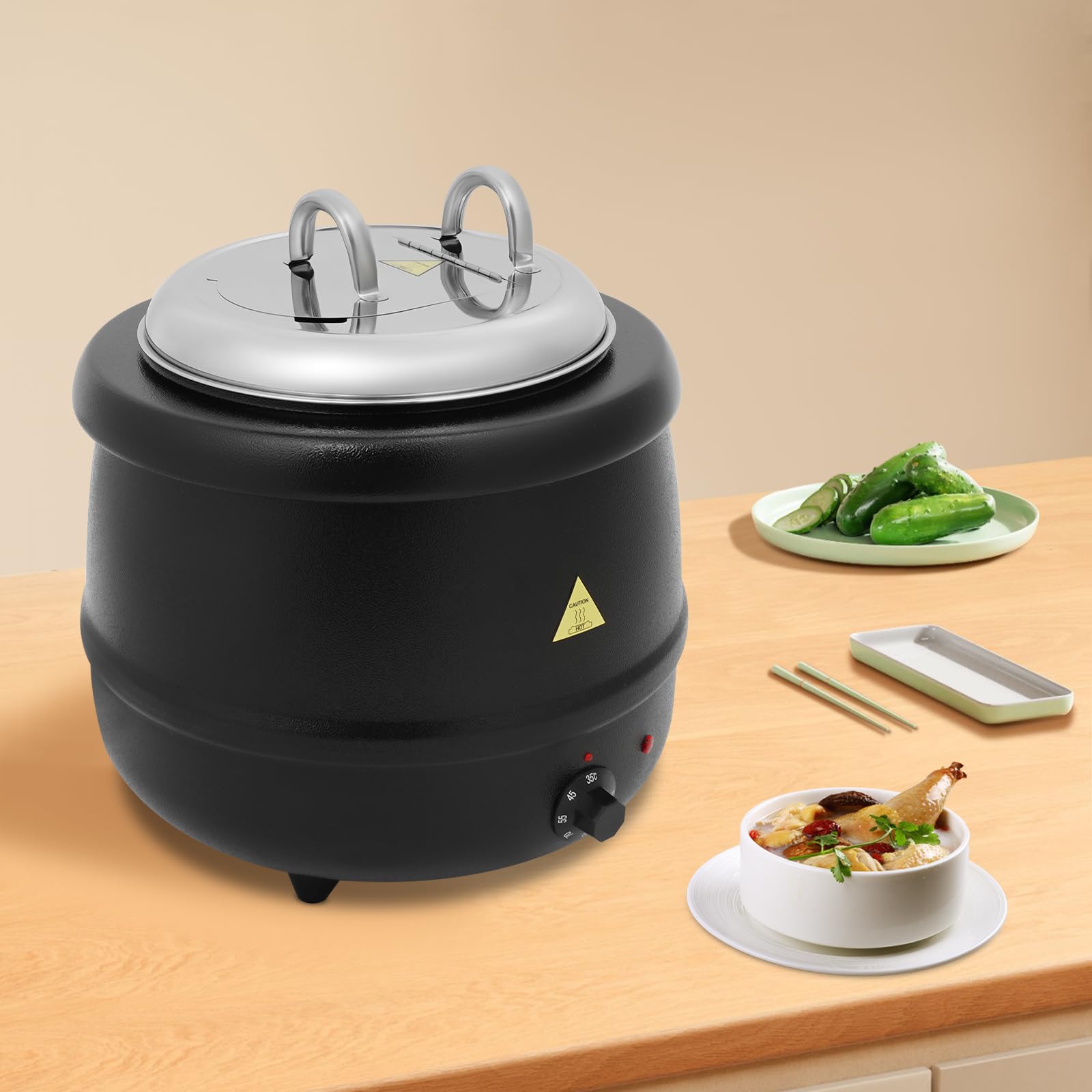 Suppenkessel elektrisch 10L Speisenwärmer für Suppe und Sauce | Gusseisen und Edelstahl, 35 bis 80 °C regelbar, herausnehmbarer Innentopf, Warmhaltebehälter für Buffet Gastronomie
