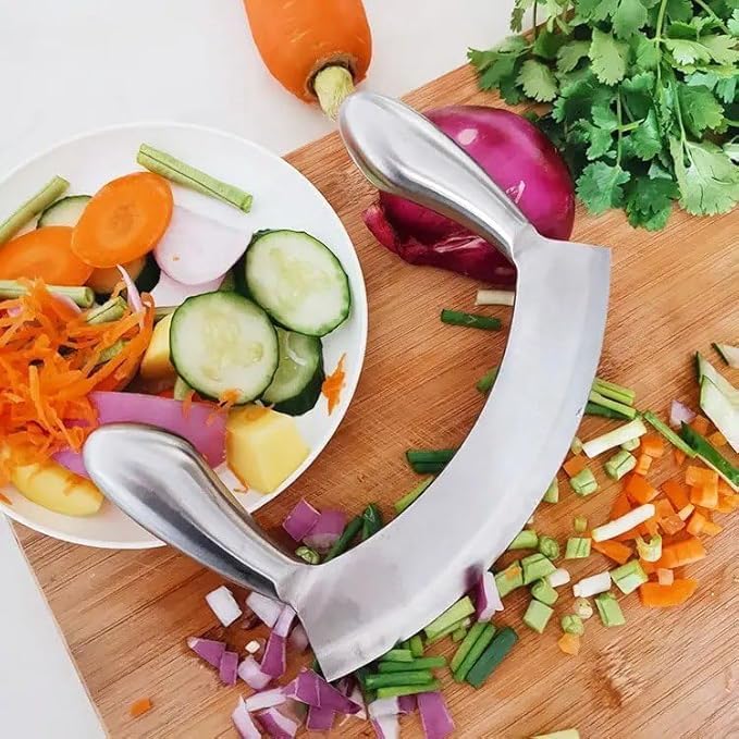 Image of Stainless Steel Mezzaluna Rocking Knife-Herb,Vegetable&Salad Chopper with Dual Handles for Easy, Efficient Cutting|Easy Grip Sharpe Edge Quick Food Preparation Cutter Tool|Pizza Slice Knives