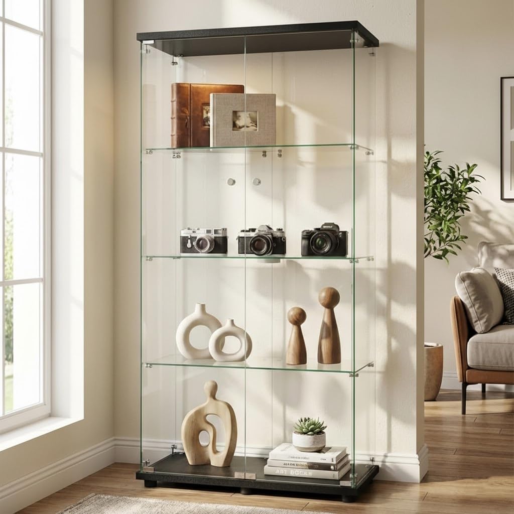 Vitrina de Cristal de 2 Puerta, 4 Niveles con Cerradura, Armario de Almacenamiento con Espejo, para coleccionables, Juguetes (B1-Negro-sin luz)