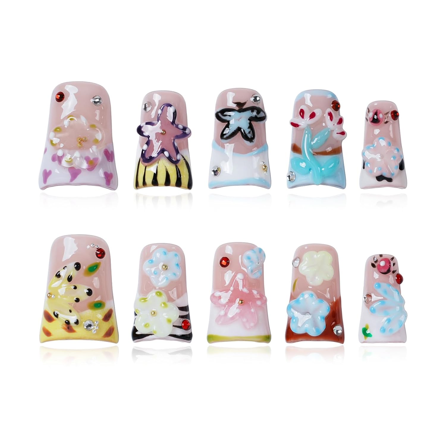 Handmade Press on Nails Short Duck, 3D Floral & Star Fake Nails with Mixed Color Art Design, Cottagecore Arsthetic False Nails for Nail Art (Whimsy Garden, S)