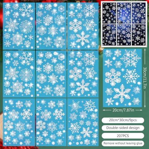 Image of 207 PCS Glitter Snowflake Window Clings - Christmas Window Stickers & Decals for Glass, Double Sided Reusable Static Winter Clings for Christmas Decorations,No Glue Needed(9 Sheets)