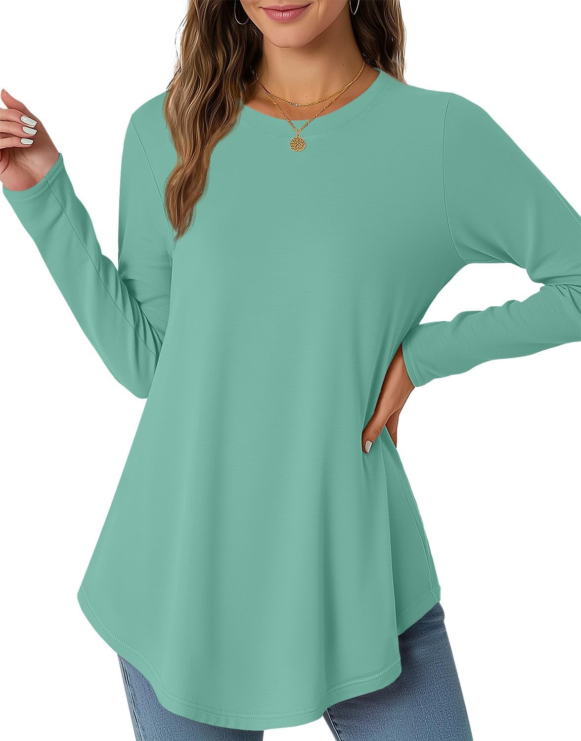 JUSTFASHIONNOW Womens Long Sleeve Shirts Crew Neck Casual Basic Blouse Flowy Loose Tunic Tops Fall Fashion 2025 - Image 2