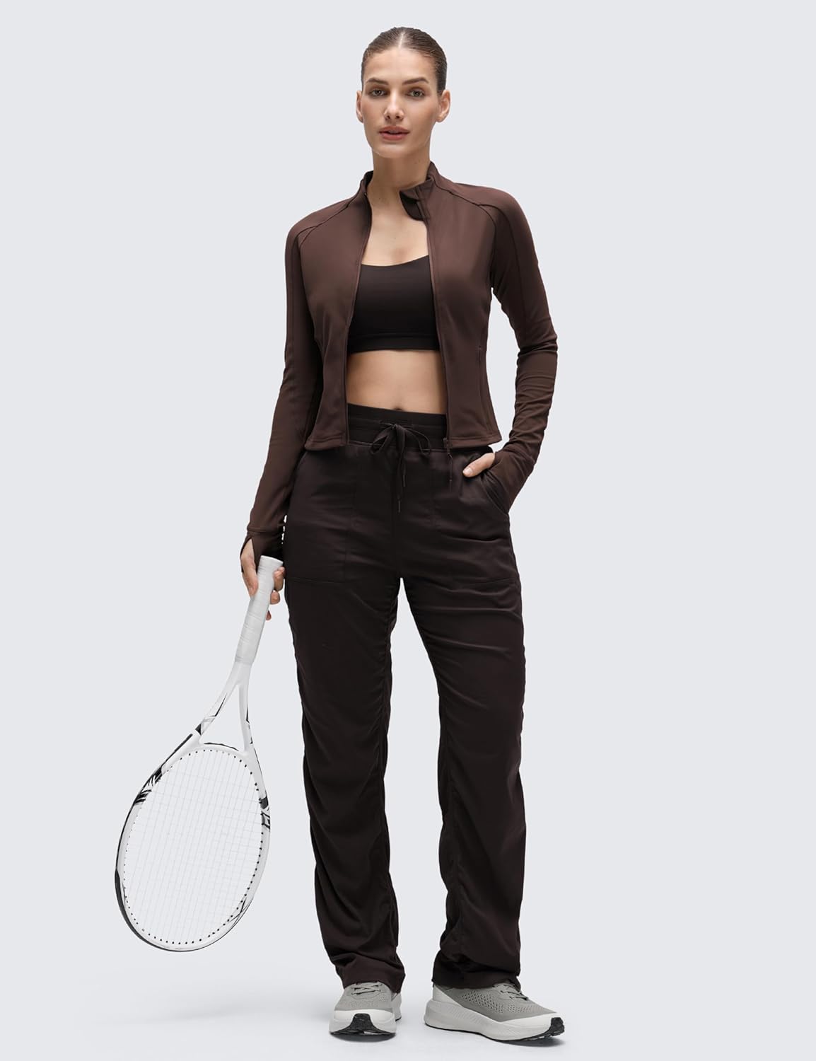 CRZ YOGA Butterluxe Waist Length Jackets for Women - Full Zip Athletic Track Tops with Thumb Holes Pockets Hot Fudge Brown Medium