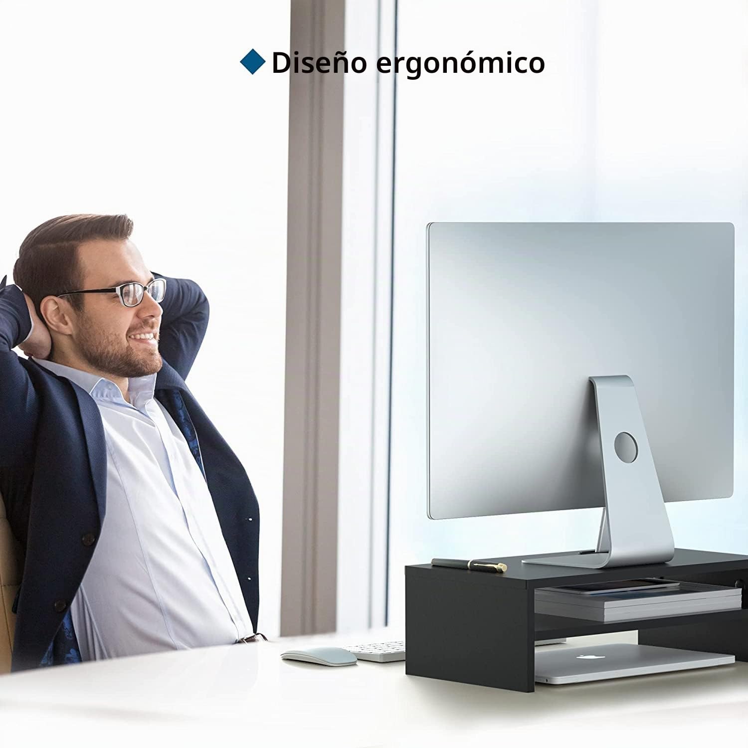 BONTEC Elevador Monitor Escritorio Madera, Soporte 2 Niveles Gestión Cables Ranura Móvil, 30 kg, Negro 420x235x142mm