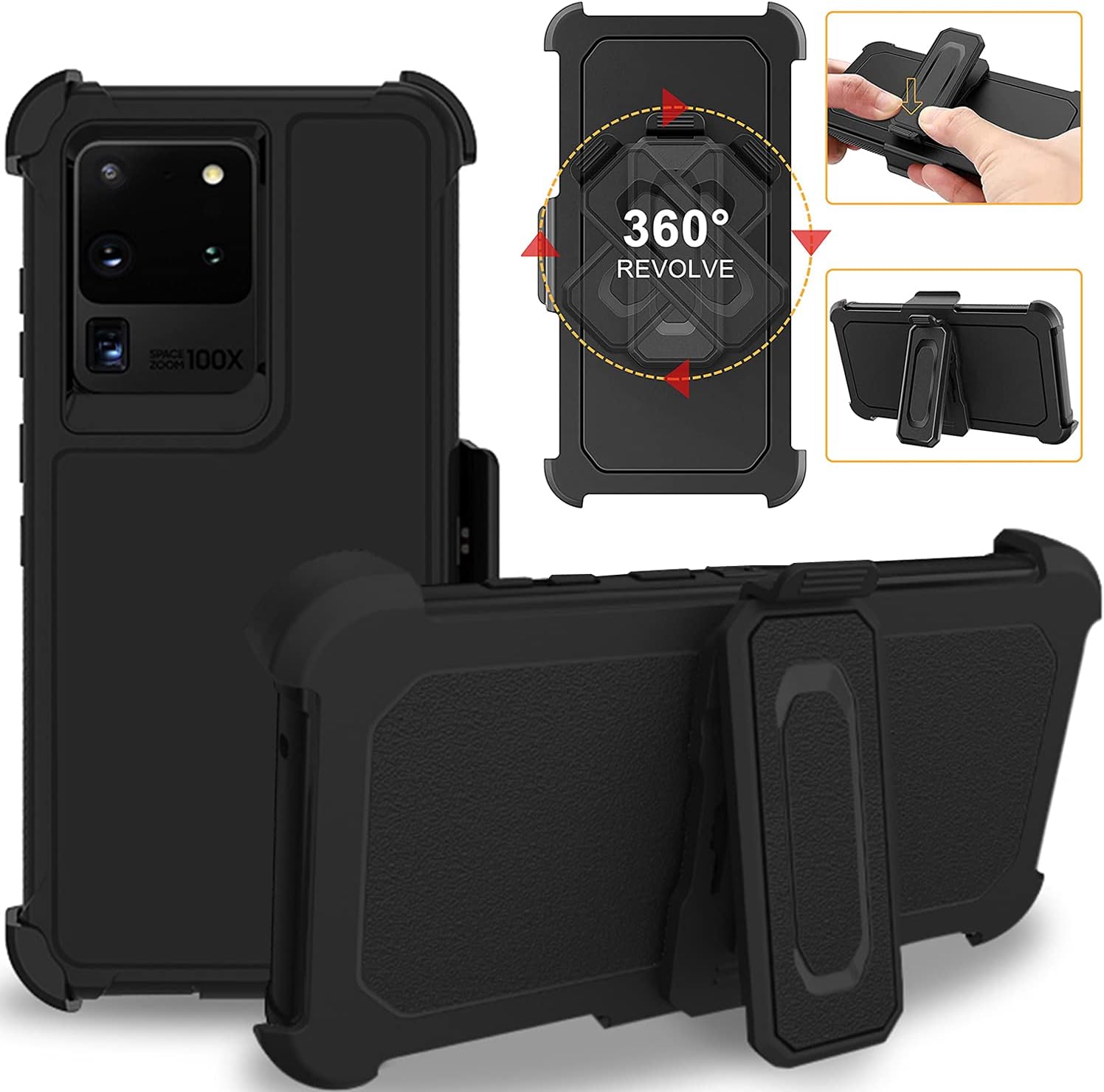 DuraSafe Cases for Samsung Galaxy S20 Ultra 6.9" 2020 SM-G988B/DS Rugged Shock Absorbing Protective Cover with Detachable Holster - Black(with Holster)