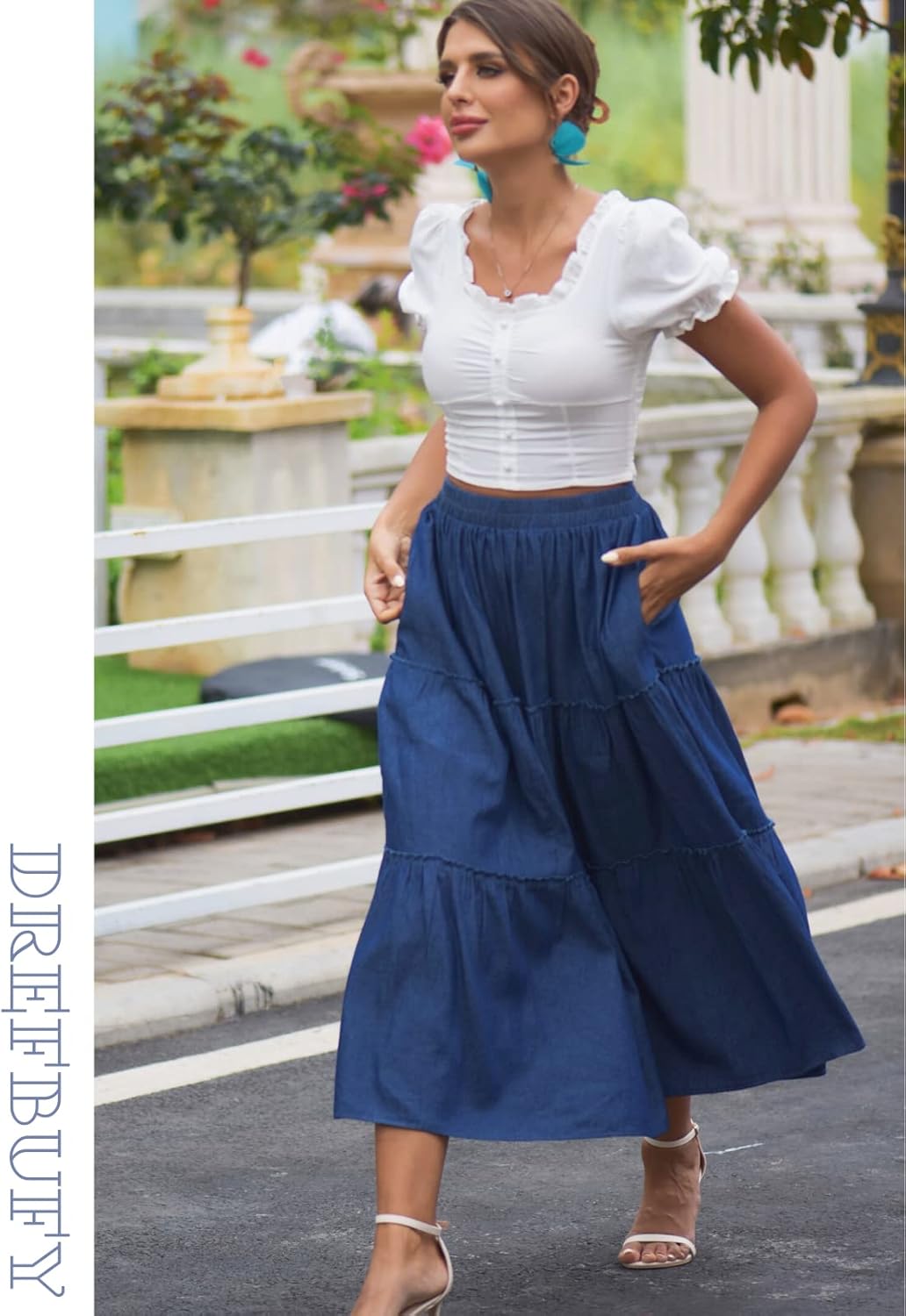 DREFBUFY Women's Mae Pleated Flowy Cxi Skirt Denim Tiered Elastic Waist Rufflasual Long Skirts with Pockets for Summer - Image 5