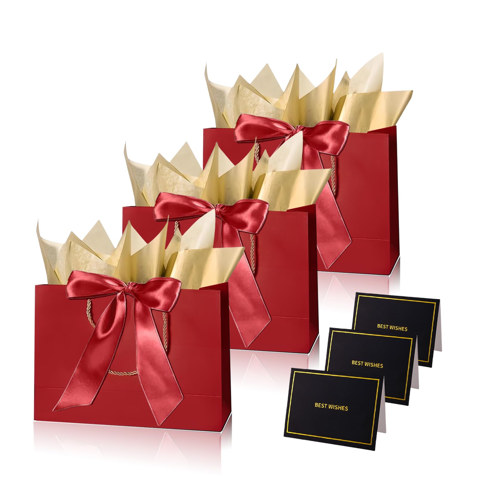 Christmas Red Gift Bags for Presents,3P Medium Wine Red Present Bags with 6 Metallic Golden Tissue /3 Card,Personalised Birthday Gift Paper Bag with Ribbon,28*20*10 Burgundy Wrapping Bag for Christmas — image 1