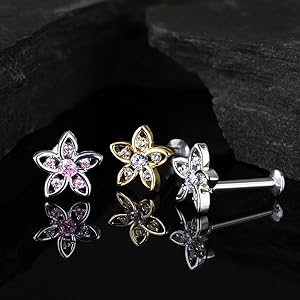 BlackAmazement Piercing per trago, helix, labret, monroe Stud, con fiore e zirconi CZ, oro, argento, trasparente, rosa, donna