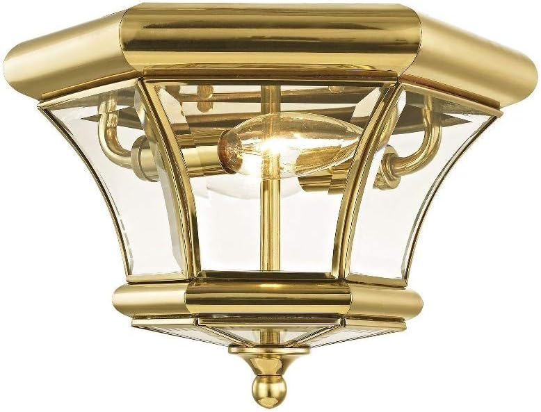 Livex Lighting 7052-02 Monterey 2 Light Outdoor/Indoor Polished Brass Finish Solid Brass Flush Mount with Clear Beveled Glass