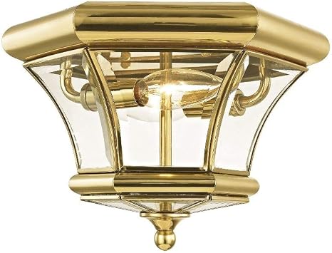 Livex Lighting 7052-02 Monterey 2 Light Outdoor/Indoor Polished Brass Finish Solid Brass Flush Mount with Clear Beveled Glass