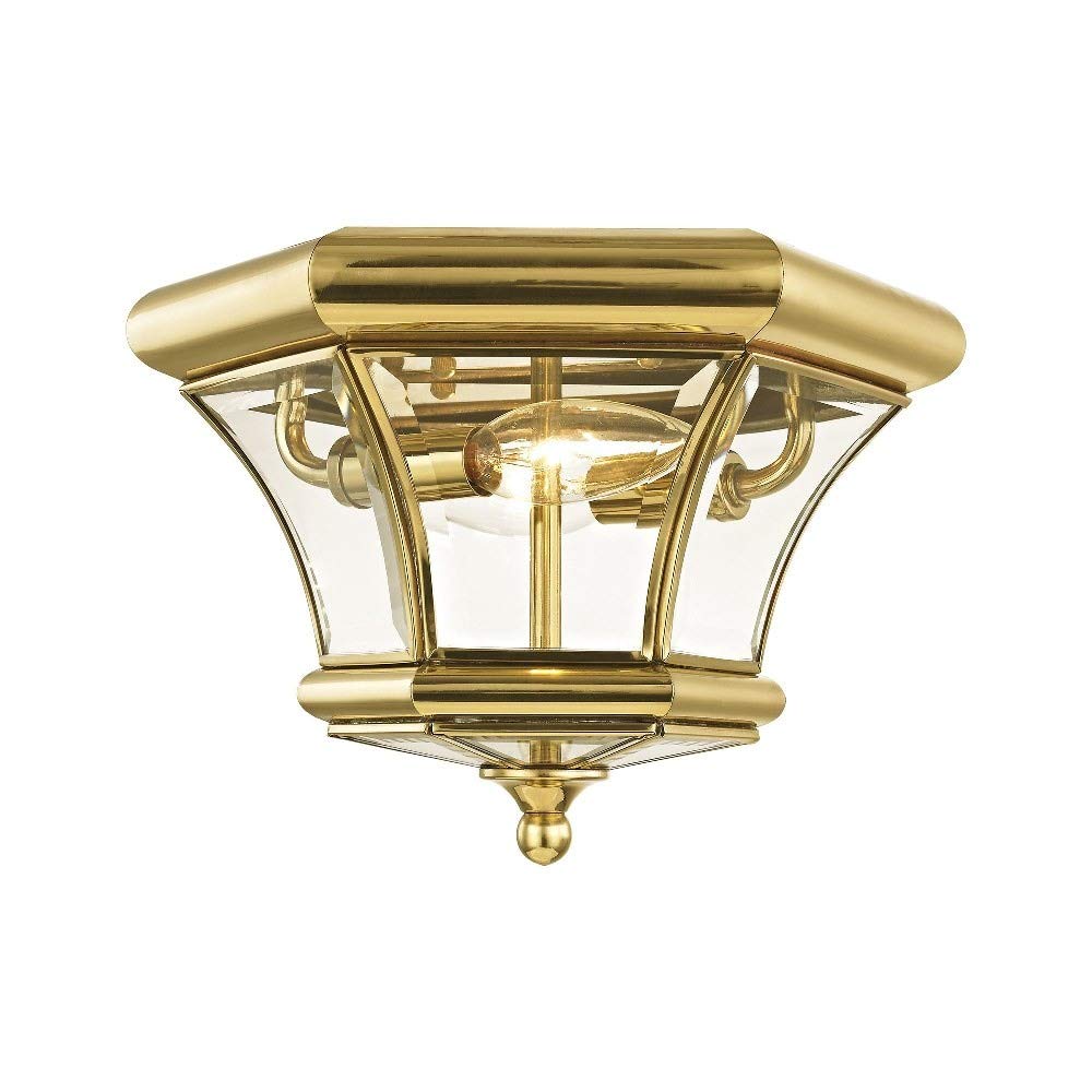 Livex Lighting 7052-02 Monterey 2 Light Outdoor/Indoor Polished Brass Finish Solid Brass Flush Mount with Clear Beveled Glass