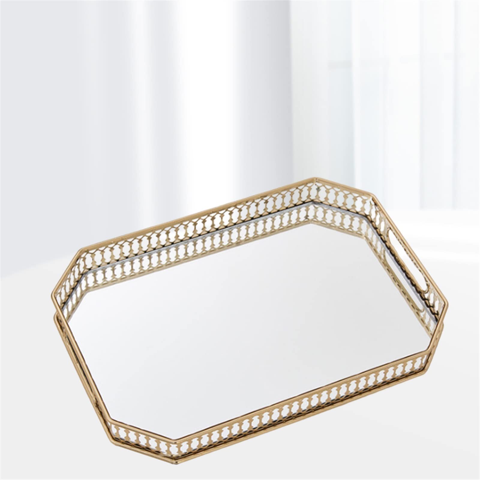 Bandeja redonda de metal para tocador con espejo y cristal, bandeja de desayuno decorativa para maquillaje, joyas y perfumes, elegante decoración del hogar