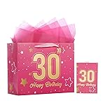Powbrace 13 Pink 30th Birthday Gift Bag with Tissue Paper and Greeting Card for Party,Happy Birthday Gift Bag for Men Women,Gift Bags Medium size(1 Pink 30th)