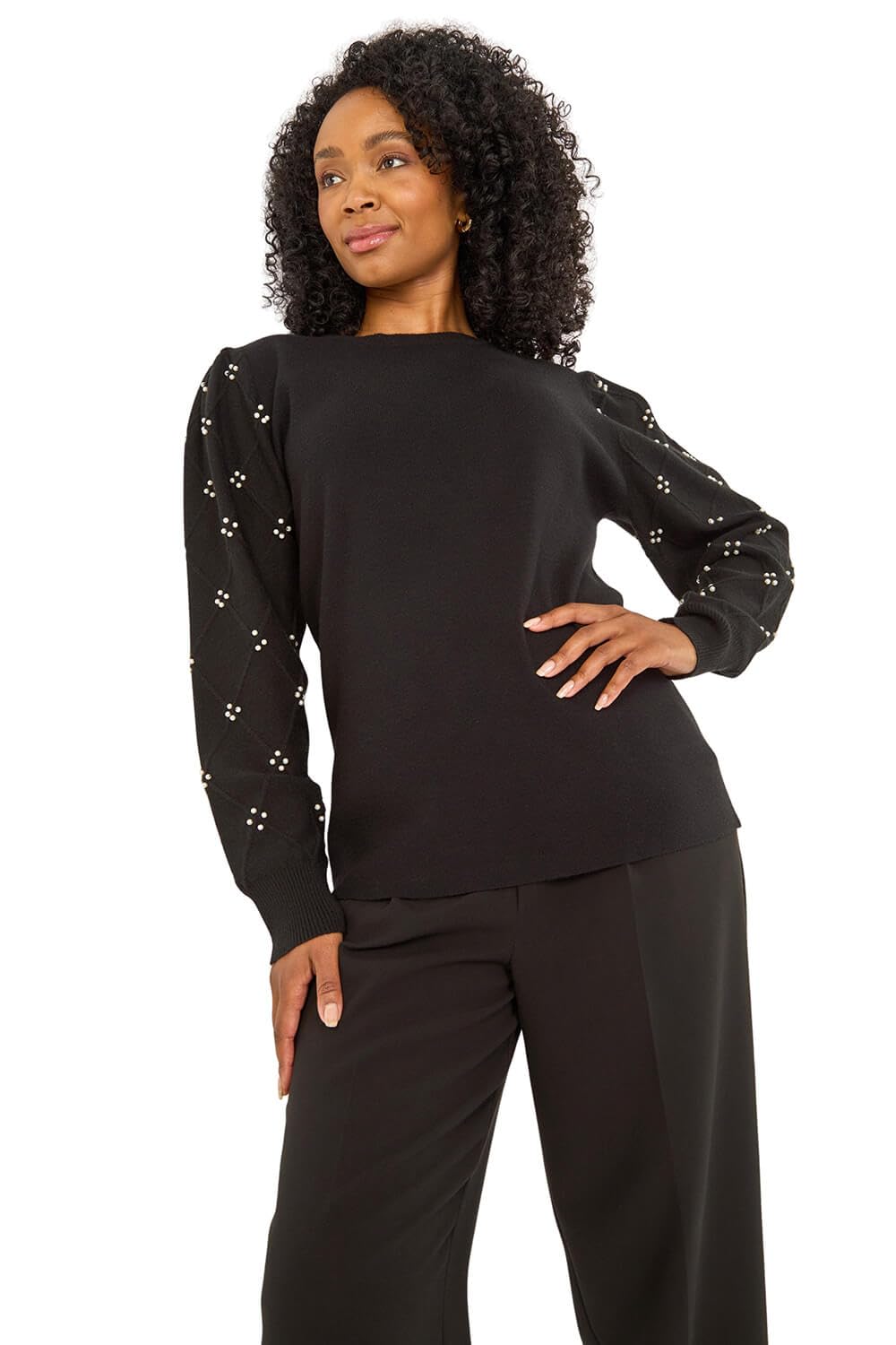 Roman Originals Women's Petite Black Roman Petite Faux Pearl Contrast Cable Knit Jumper For Uk - Everyday Autumn Winter Round Neckline Comfy Soft Evening Vacation Work Party Night Out - Size 18