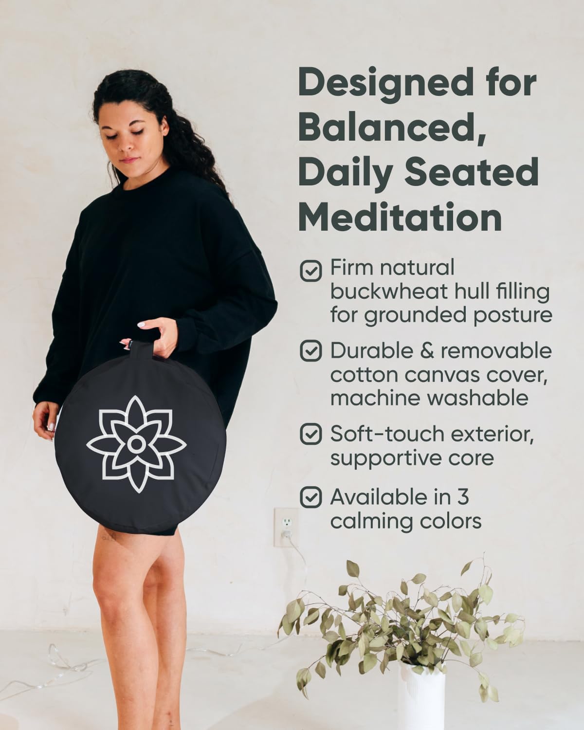 Mindful & Modern - Cojín de meditación grande para yoga Zafu, color negro