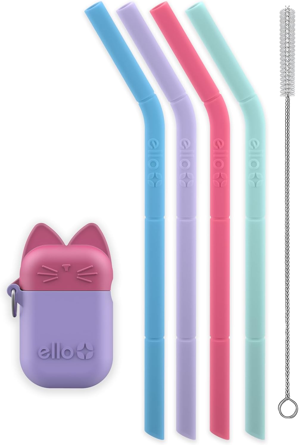 Ello Impact Reusable Silicone Straws with Carry Case, 6 Pack, Cat