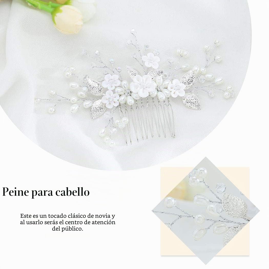 Peines para el pelo de boda con flores, tocado de novia de cristal, accesorios para el cabello para mujeres y niñas (plateado)