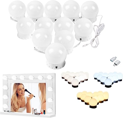 Luces LED de tocador para espejo, chip LED de alto brillo, luz de tocador estilo Hollywood con 12 bombillas regulables, color y brillo ajustables,