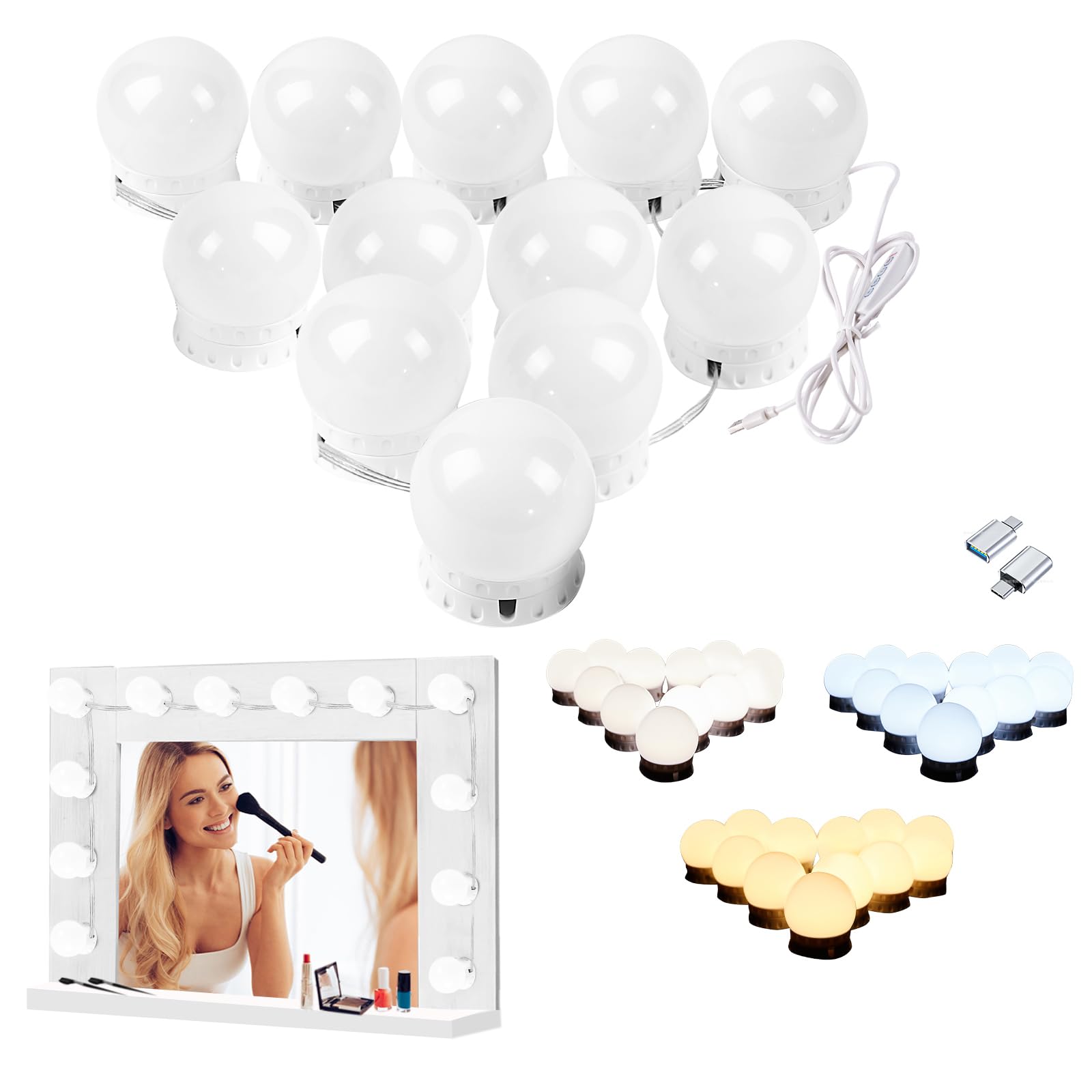 LED Vanity Lights for Mirror, High Brightness LED Chip, Hollywood Style Vanity Light with 11 Dimmable Bulbs, Adjustable Color & Brightness, Mirror lights for Makeup, lighting and Decoration