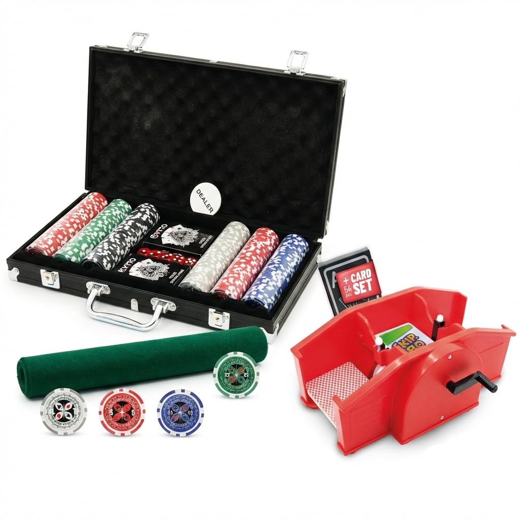 Kyto Poker Bundle – 300-tlg. Pokerkoffer Set mit Pokerchips, 2X Karten & Pokermatte + Manuelle Kartenmischmaschine mit Handkurbel inkl. Kartendeck – Texas Hold’em Komplettset