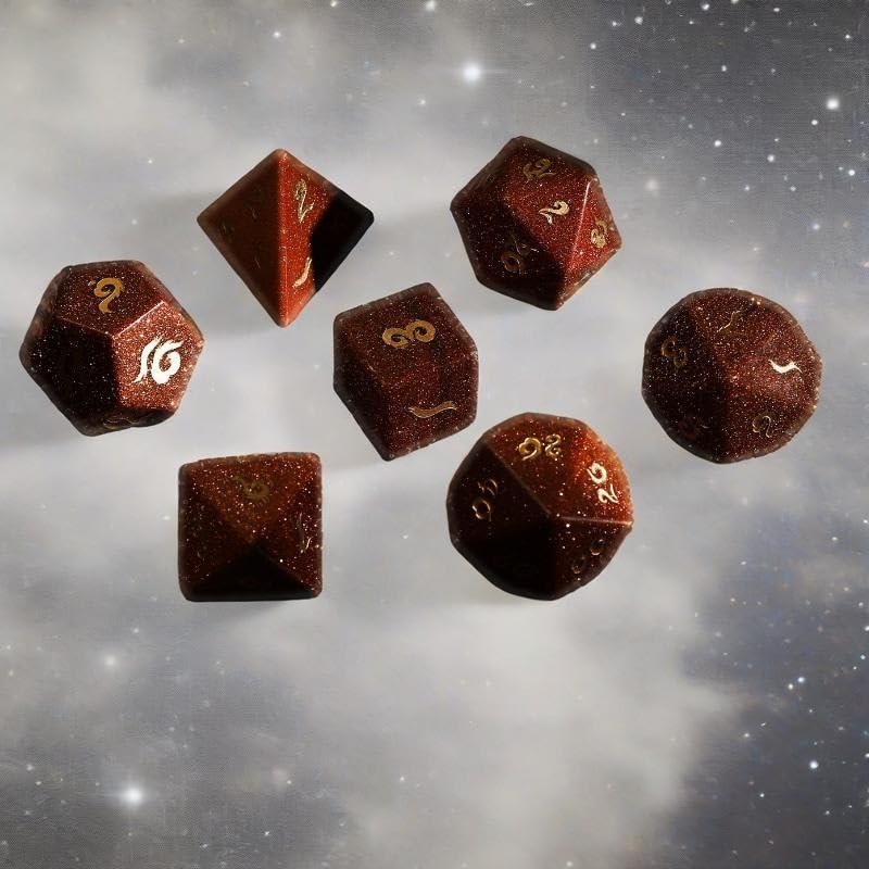 Zestaw kości Goldstone – ręcznie rzeźbione kości z kamieni szlachetnych D4 D6 D8 D10 D12 D20 percentyl lub 7 szt. zestaw wielościenny do DND i RPG stołowych (Sevensuit)