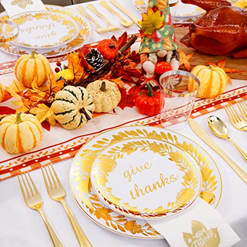 Youbet 175Pieces Thanksgiving Plates-Thanksgiving Gold Plates& Gold Plastic Silverware Include 50 Plates, 25Forks, 25Knives, 25Spoons, 25Thanksgiving Napkins, 25 Cups For For Thanksgiving &Party #TOP5