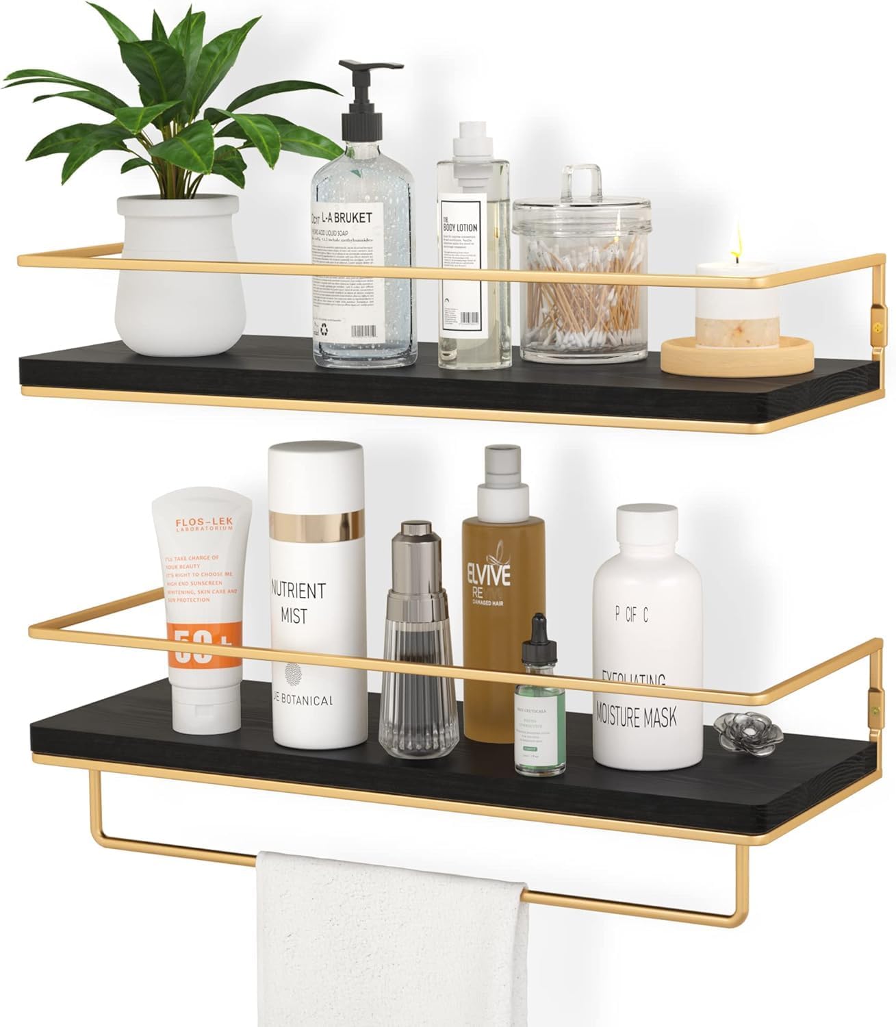 PEDEX Wall Mounted Set of 2 Hanging Shelves with Golden Towel Rack, Decorative Storage Shelves for Bathroom, Kitchen, Living Room & Bedroom (Black & Gold) (B0D772VR4F) Amazon Price History, Amazon Price Tracker