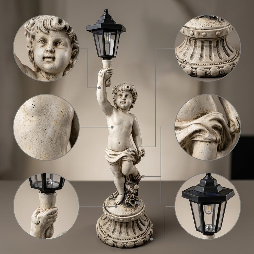 Fontana Solare da Giardino Esterno con Luci, Abbeveratoio e Mangiatoia per Uccelli, Decorativa per Giardino, Statua di angelo con lanterna - Sinistra