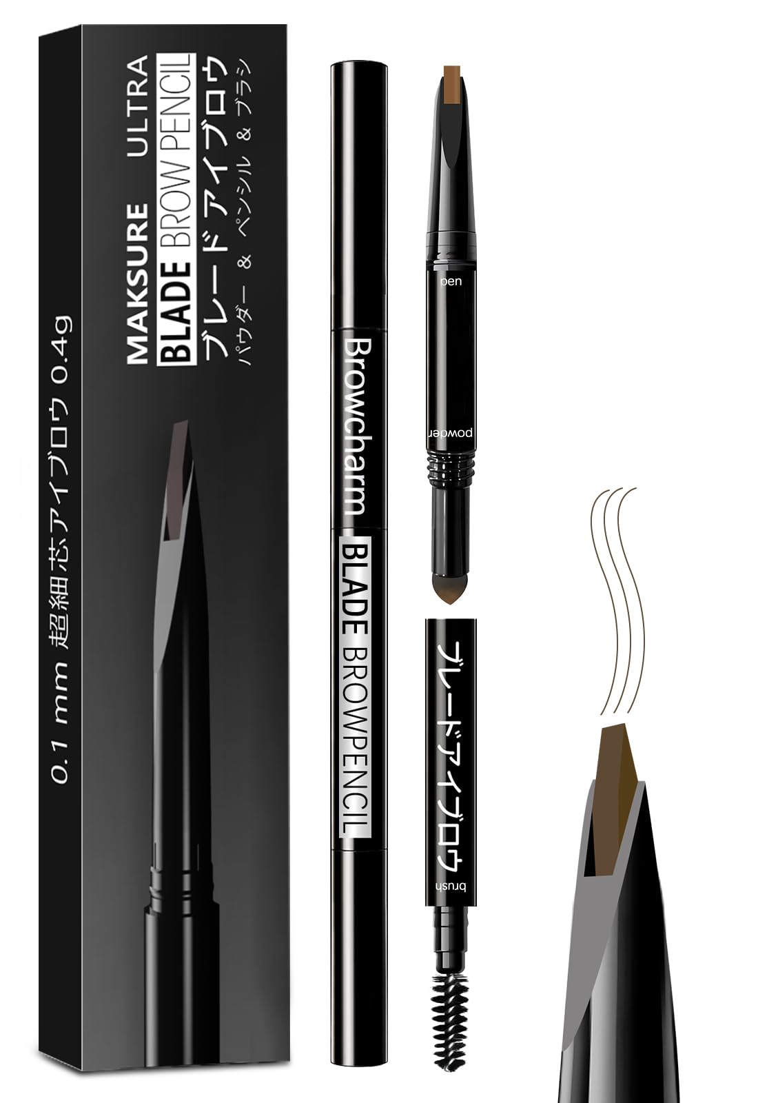 Browcharm Microblading-Augenbrauenstift, 0,1 mm ultrafeine Spitze, 3-in-1 wasserdichter Augenbrauenstift, mit Augenbrauenpuder und Augenbrauenpinsel, haarähnliche Striche, Formen, füllt