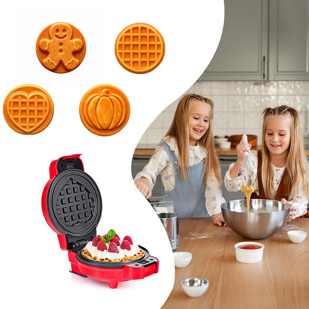 LEHMANN Mini Gofrera con Placas Intercambiables, Formas de gofre - Calabaza, Muñeco de Jengibre, Corazón y Clásica, Revestimiento Antiadherente, para fiestas infantiles y reuniones familiares, Rojo