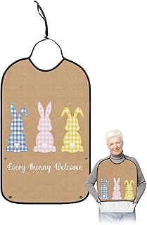 BOBOWUNY Spring Easter Adult Bibs for Elder Women Men Eating, Bunny with Colorful Buffalo Plaid Retro Beige Waterproof & Washable Bibs for Eating Clothing Protector Dining Bibs for Crumb Catcher