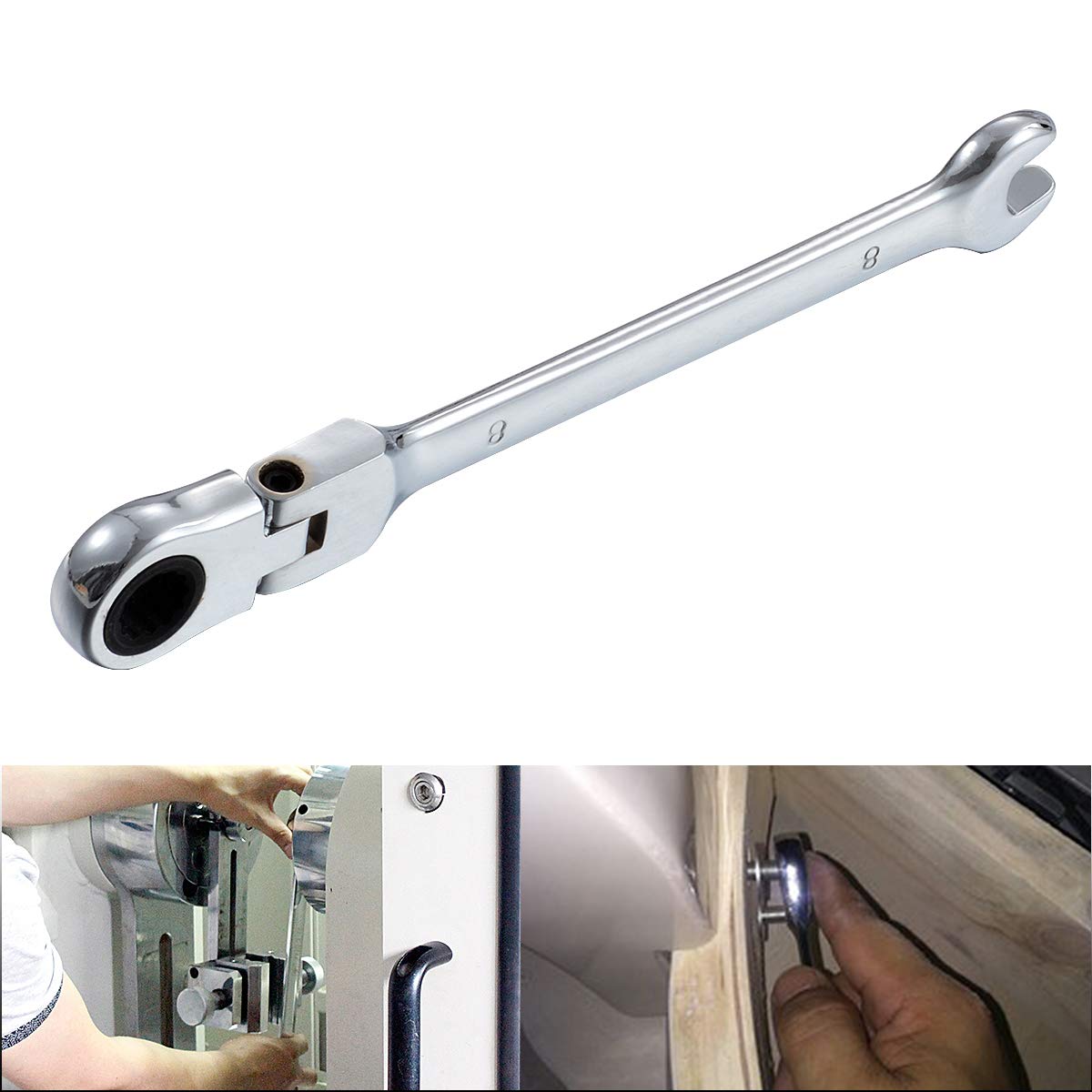 KATUR Chiave combinata a cricchetto 8 mm, chiave a cricchetto con testa flessibile, design industriale a doppio uso, utensile metrico professionale in acciaio al cromo vanadio