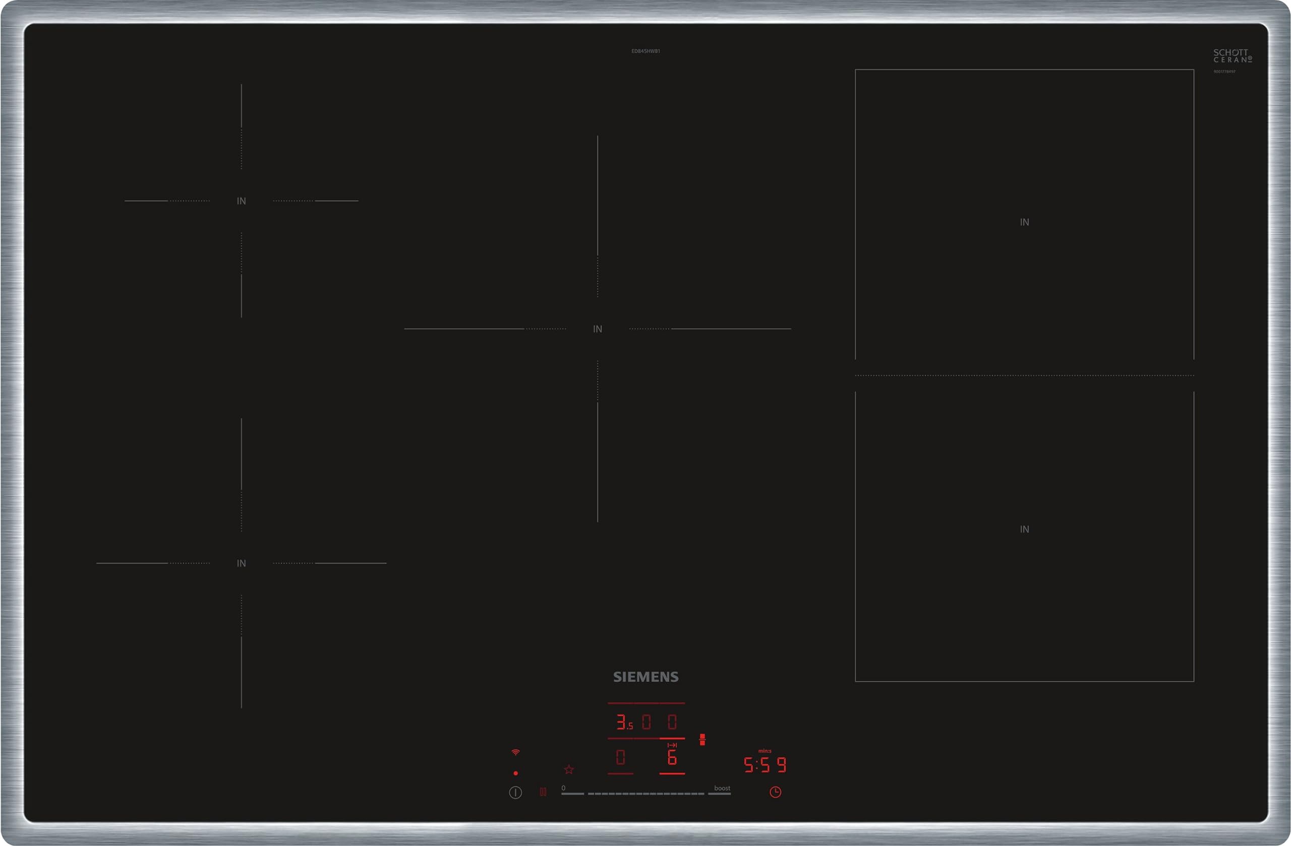 Siemens ED845HWB1E iQ500 Plaque à induction, intelligente, 80 cm, noire, avec cadre, à induction, avec système de cuisson automatique, l'interaction parfaite entre plaque de cuisson et hotte aspirante