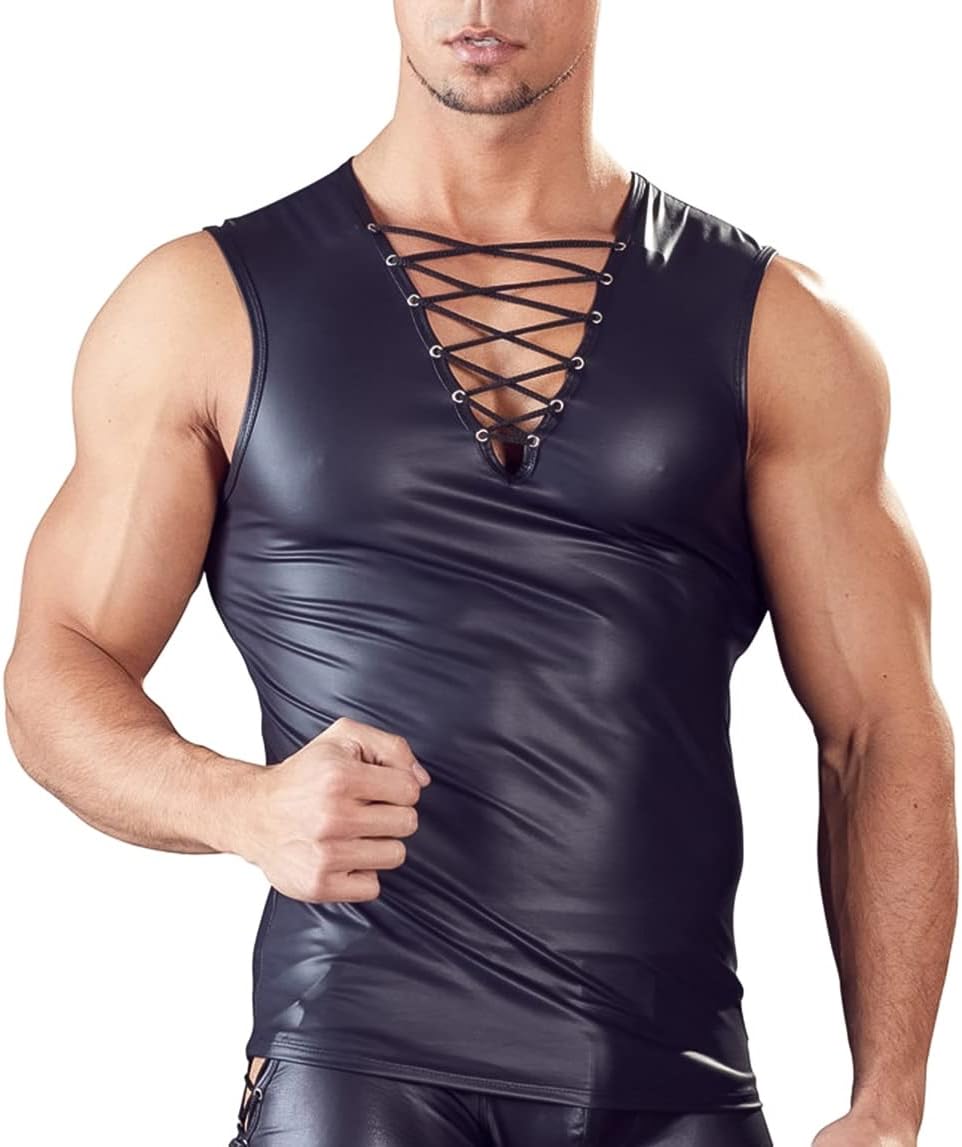 Panegy Men's Sculpting Leather Short Sleeves Side Mesh Cross Bodysuit Slim Fit Briefs Sexy Waist