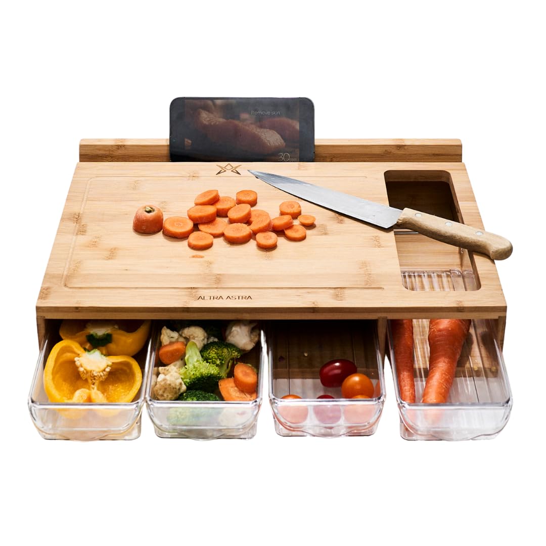 Planche à découper avec tiroirs | Bambou | Support pour tablette/téléphone | Station de préparation des repas peu encombrante