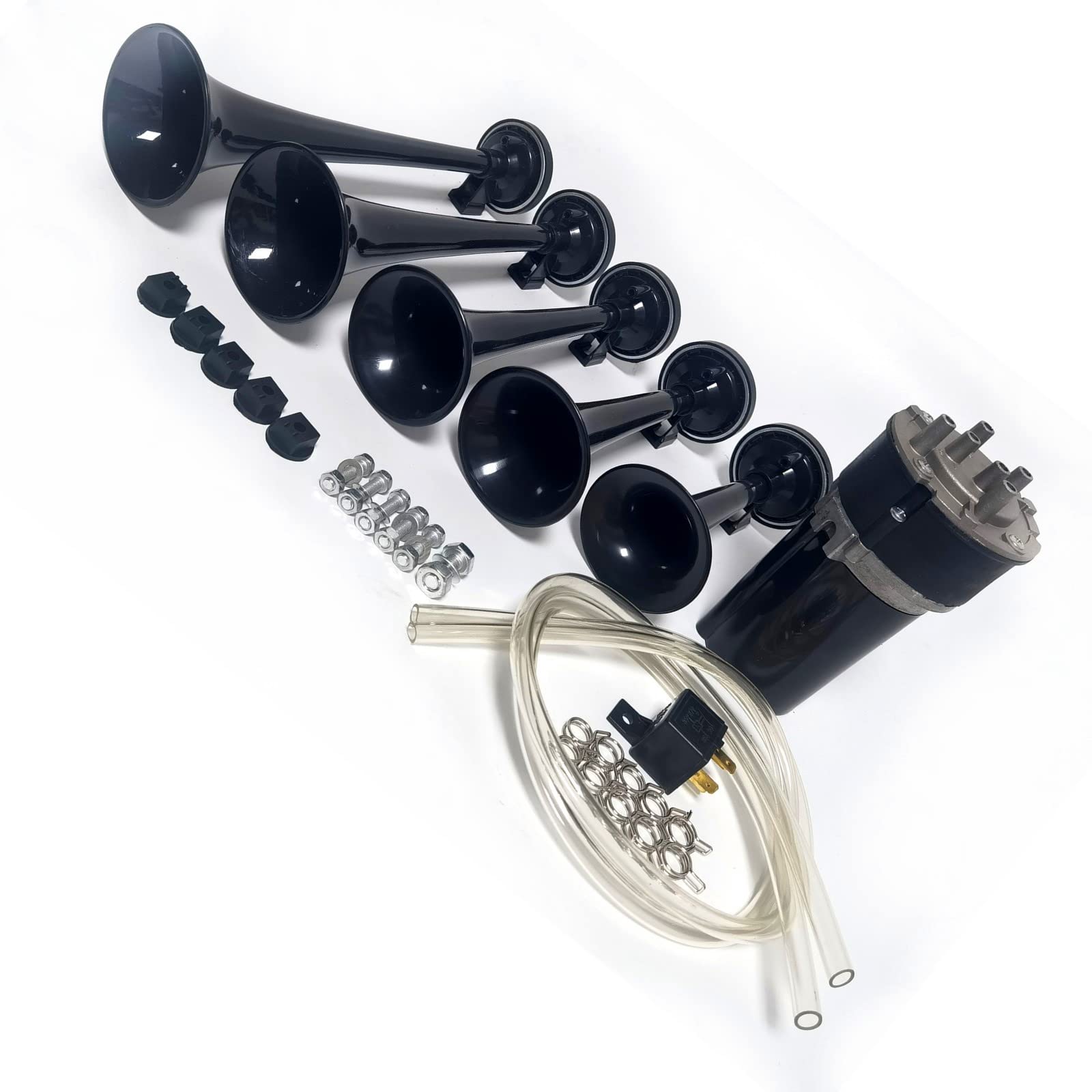 Tromba d'aria Tromba per auto 12V Tromba per camion Tromba musicale 160db Tromba a cinque tubi Tromba elettrica Dixie corno nero con altoparlante pompa ad aria per camion 12V auto nave SUV ecc