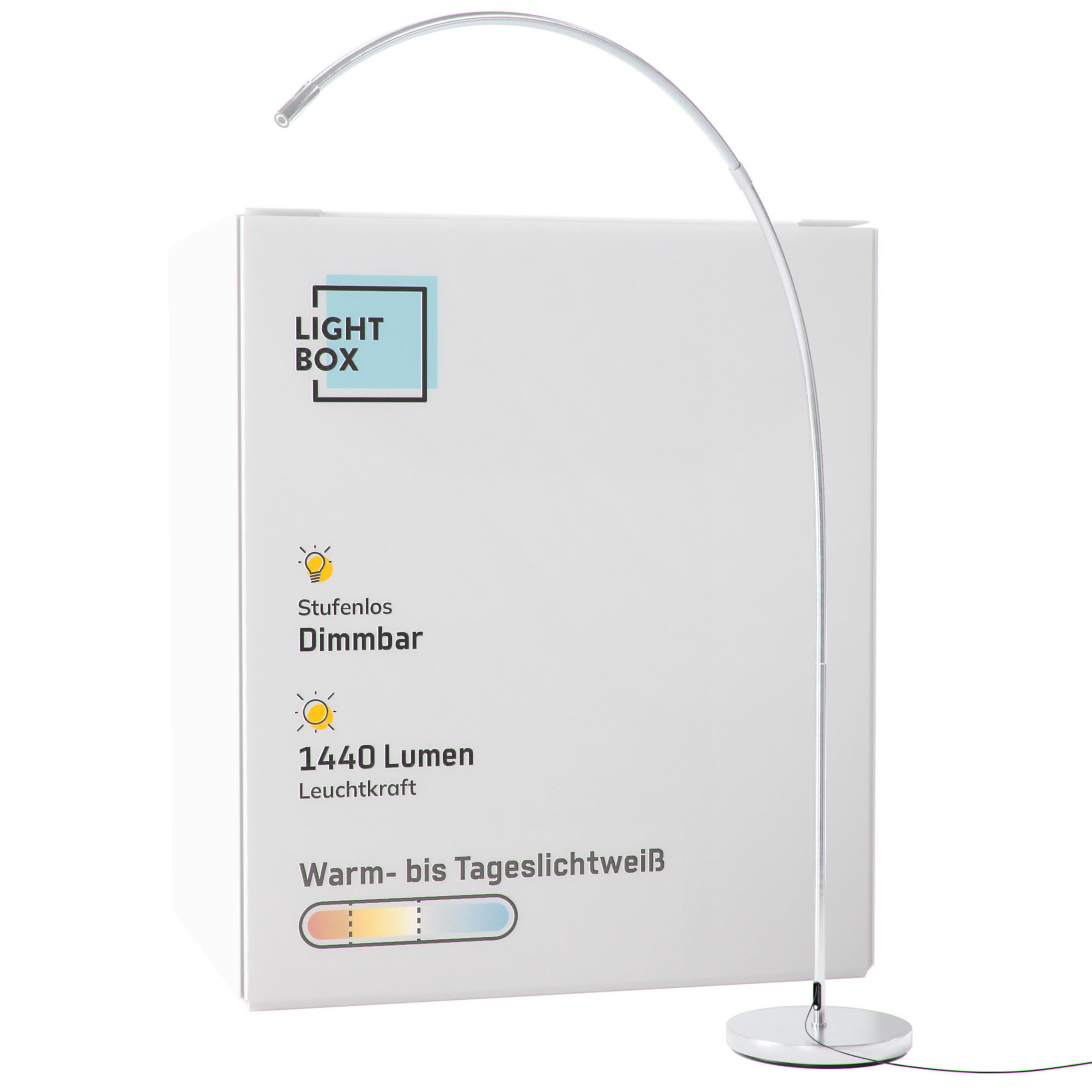 Lightbox LED Bogenstehlampe | 1,7 m Höhe | Stehleuchte mit Kopf-Schalter, dimmbar (CCT) | LED Lampe (1440lm, 18W) | Standleuchte auch als Schlafzimmer, Büro und Flur Lampe | aus Metall in Silberfarben