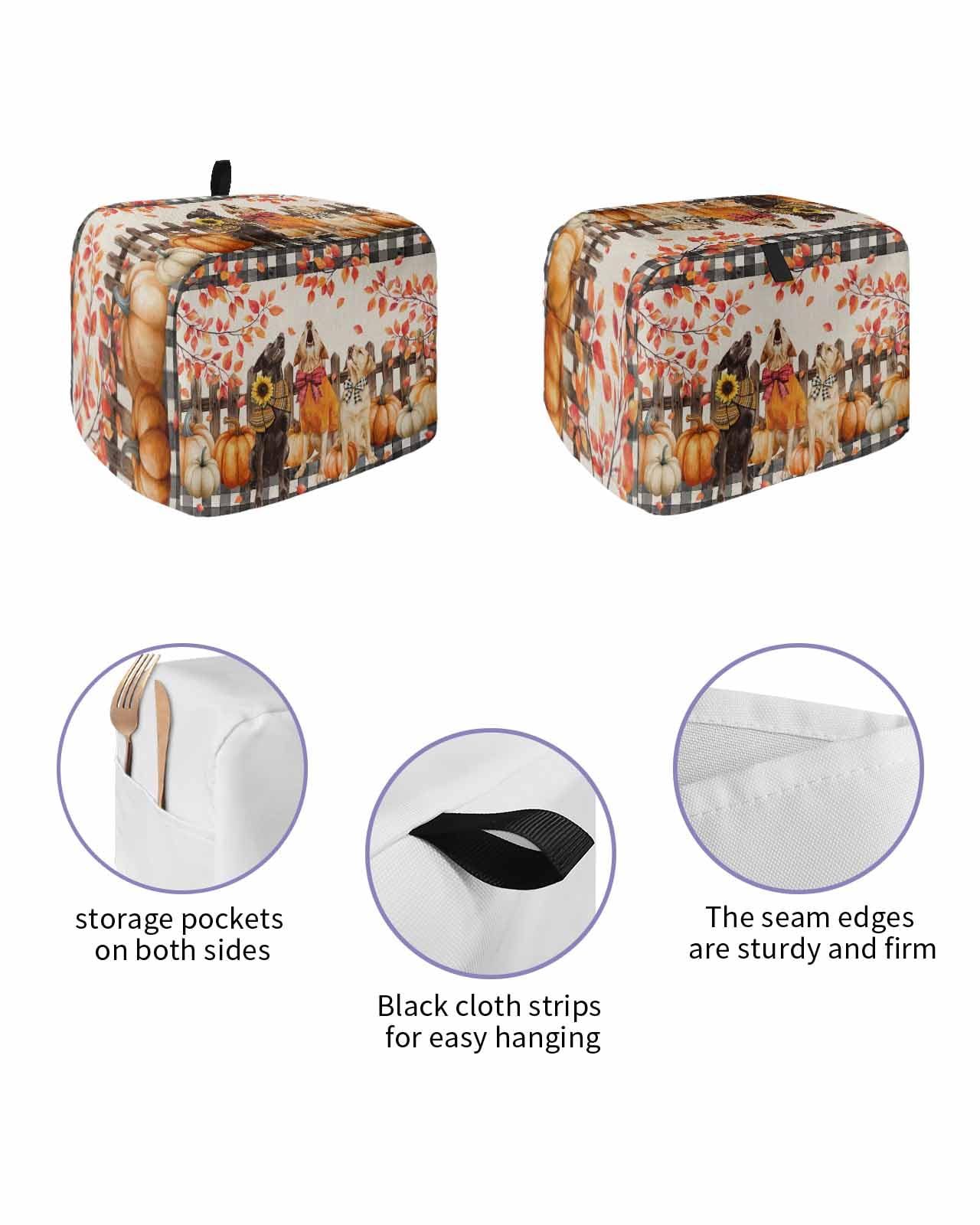 Fall Toaster Cover 2 Slice, Animal Dogs Pumpkin Leaves Linen Texture Bread Maker Dust Cover with Pockets for Kitchen Small Appliance 12x7.5x8in