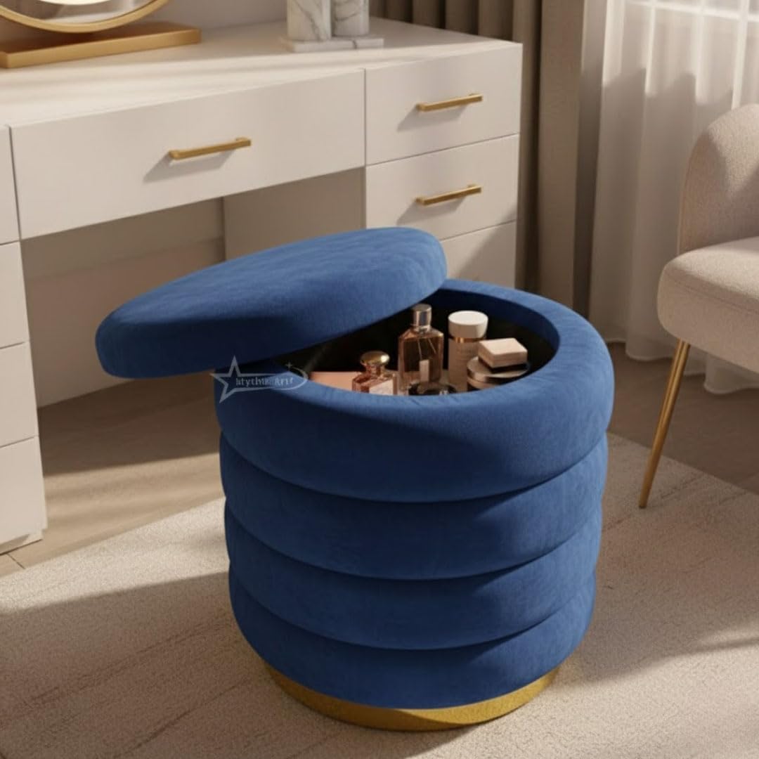 Round Velvet Single-Strip Office Stool Foot Rest Stool, Linen Fabric Padded Seat Pouf Ottoman, 14 X 14 X 16 inch, Round Shape for Living Room, Office (Blue)-image-22
