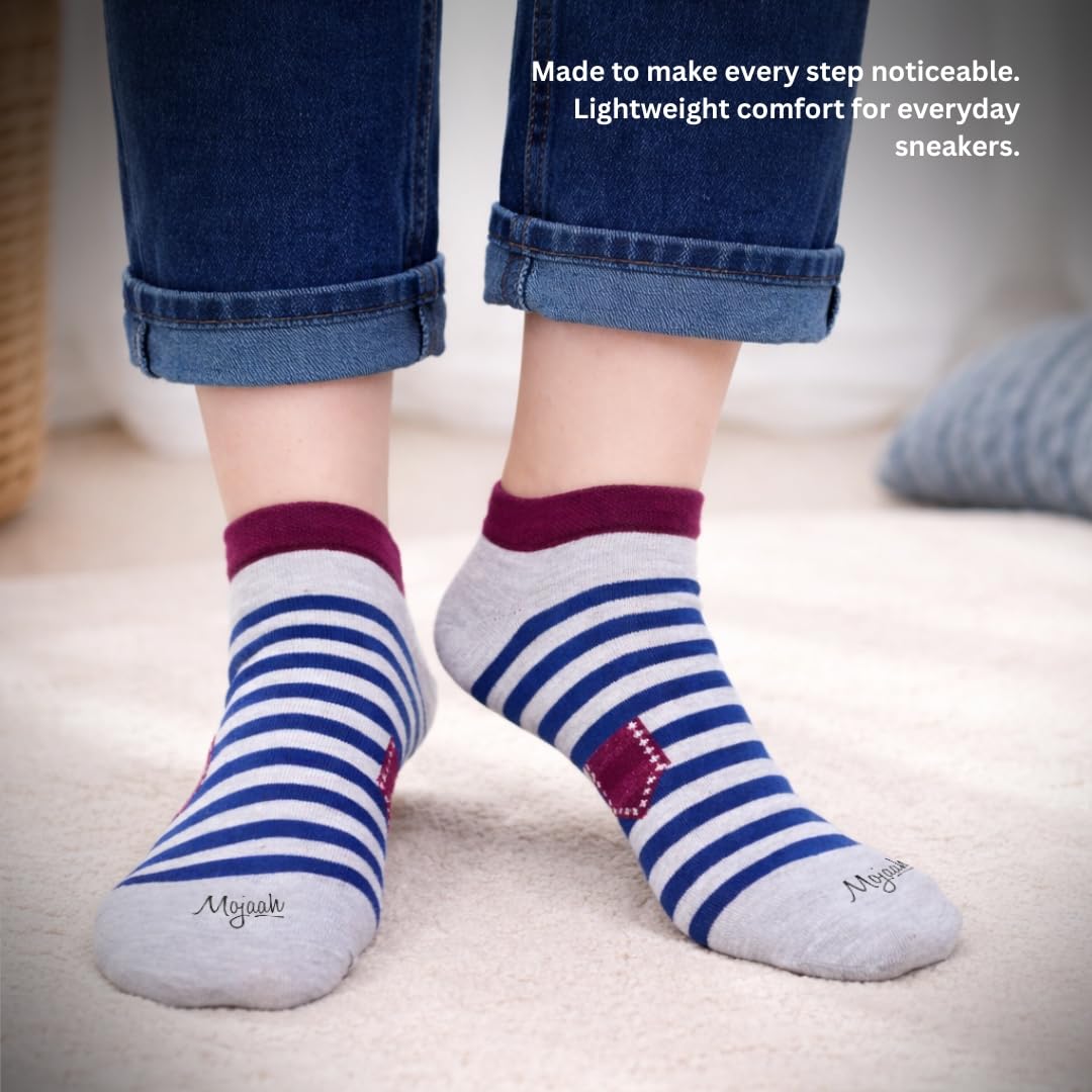 Mojaah Essentials Sneaker Socks for Men & Women | Cotton Low Cut No Show Socks | Breathable, Sweat Absorbent & Stretchable | Multicolor Striped Casual, Gym & Running Socks (Pack of 5) 2