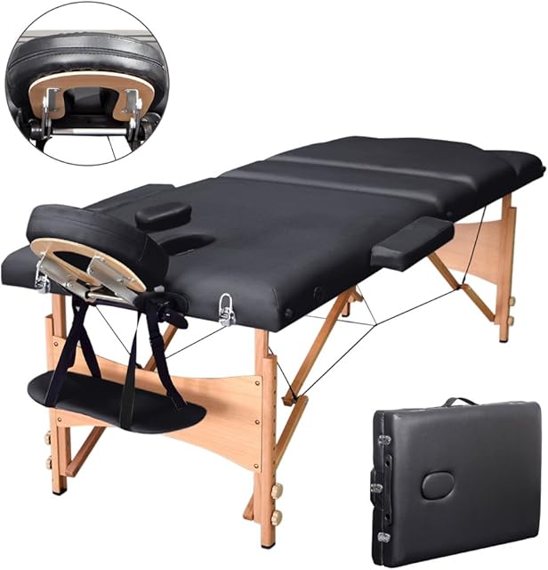 Vesgantti Portable Massage Bed Table - 3-Section Foldable Beauty Couch for Reiki Therapy Treatment Salon Healing - Metal Headrest Support/Carry Bag (Black)