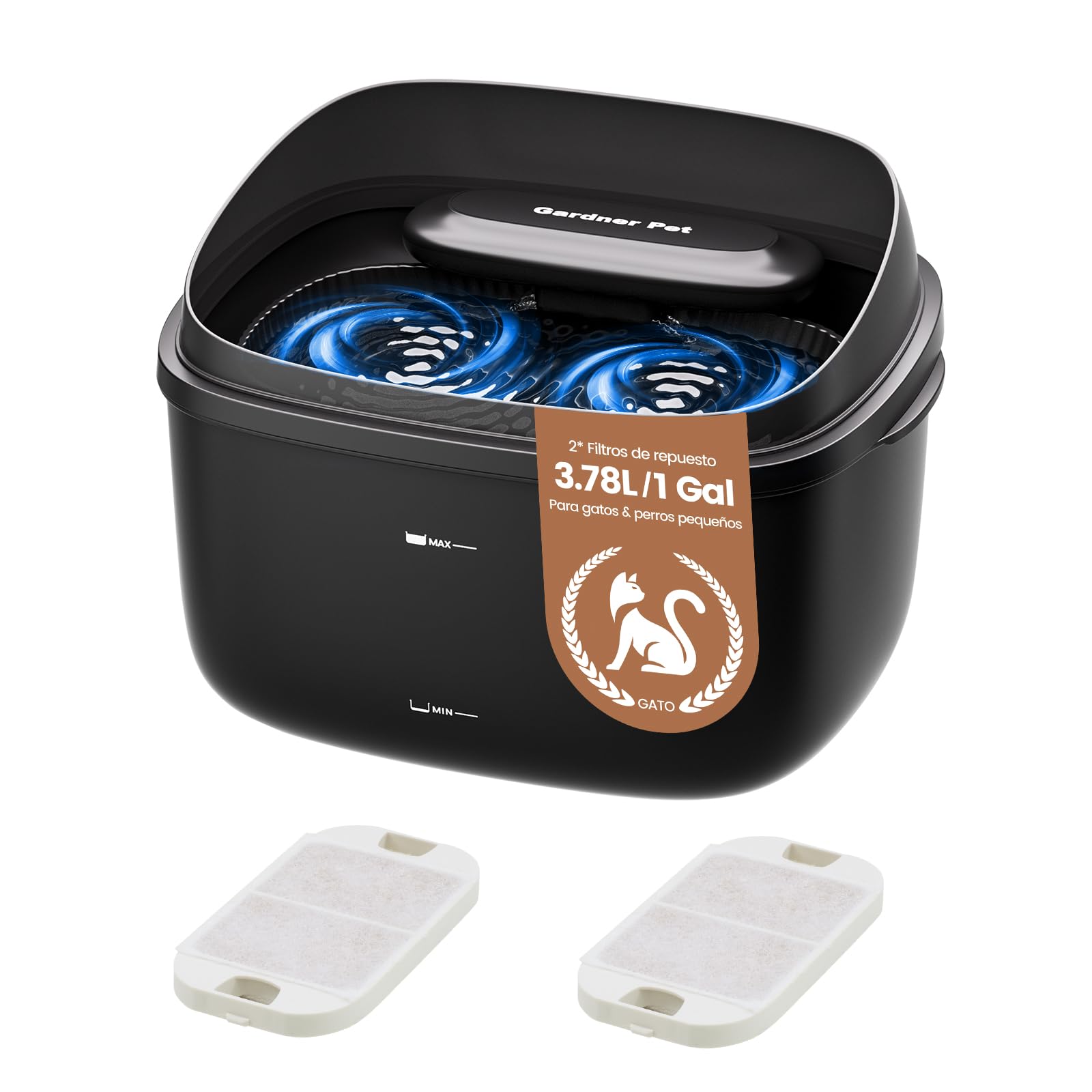 Gardner Pet Fountain for Cats and Dogs 3.78L, Drinking Bowl with Vortice Ultra Quiet, Filter and Transparent Tank, Without Adapter (Black)