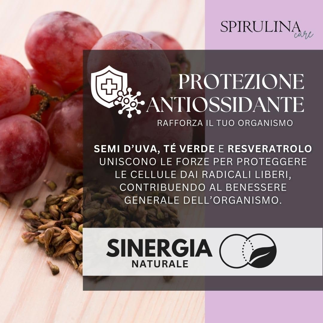SPIRULINA BECAGLI - Semi d'uva (OPC) e Resveratrolo – Antiossidante per Pelle e Microcircolo con Spirulina, Tè Verde, Vitamina E e Selenio – 60 compresse da 800 mg