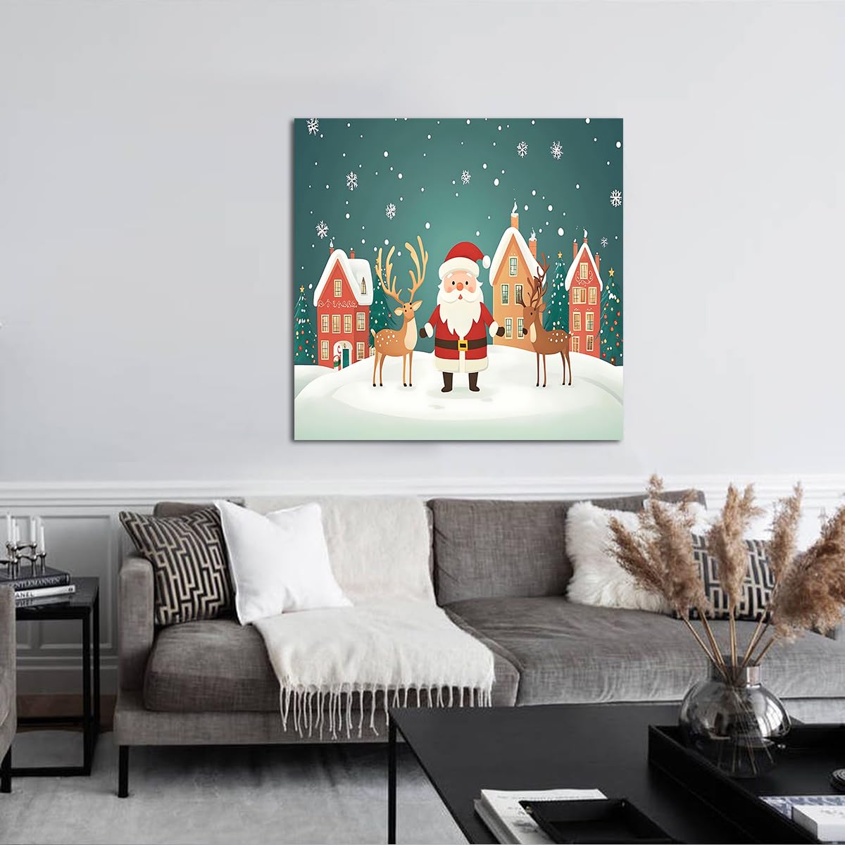 SHENGPOSTER Wydruki na płótnie kreskówka z Santa Renifer Boże Narodzenie scena śnieg gotowy do powieszenia do salonu jadalni Home Decor nastolatek Rooney 55x55cm rama wewnętrzna
