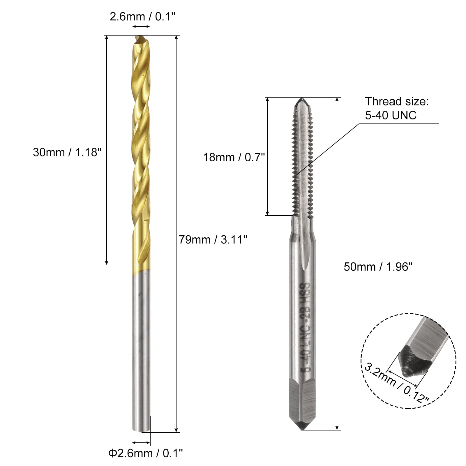 Set di maschi e punte da trapano, 2 maschi per filettatura a scanalatura dritta UNC 5-40 e 2 punte elicoidali da trapano da 2,6 mm rivestite in titanio, utensili per filettatura e maschiatura HSS65