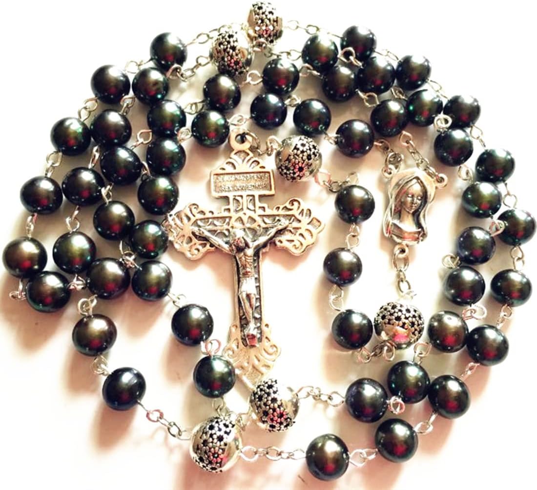 elegantmedical HANDMADE AAA Black Real Pearl + Bali Sterling Silver Beads Catholic Rosary Cross CRUCIFIX Necklace box - Image 2