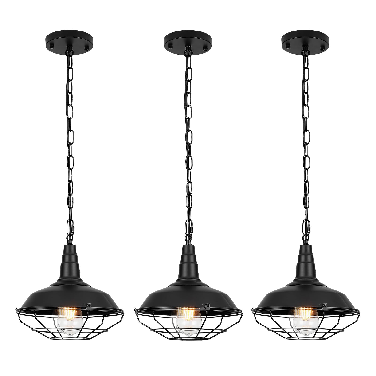 UShe DHome Black Pendant Light Kitchen Island 3 Pack, Farmhouse Pendant Light with Metal Wire Cage, Industrial Hanging Lights for Kitchen Sink Barn