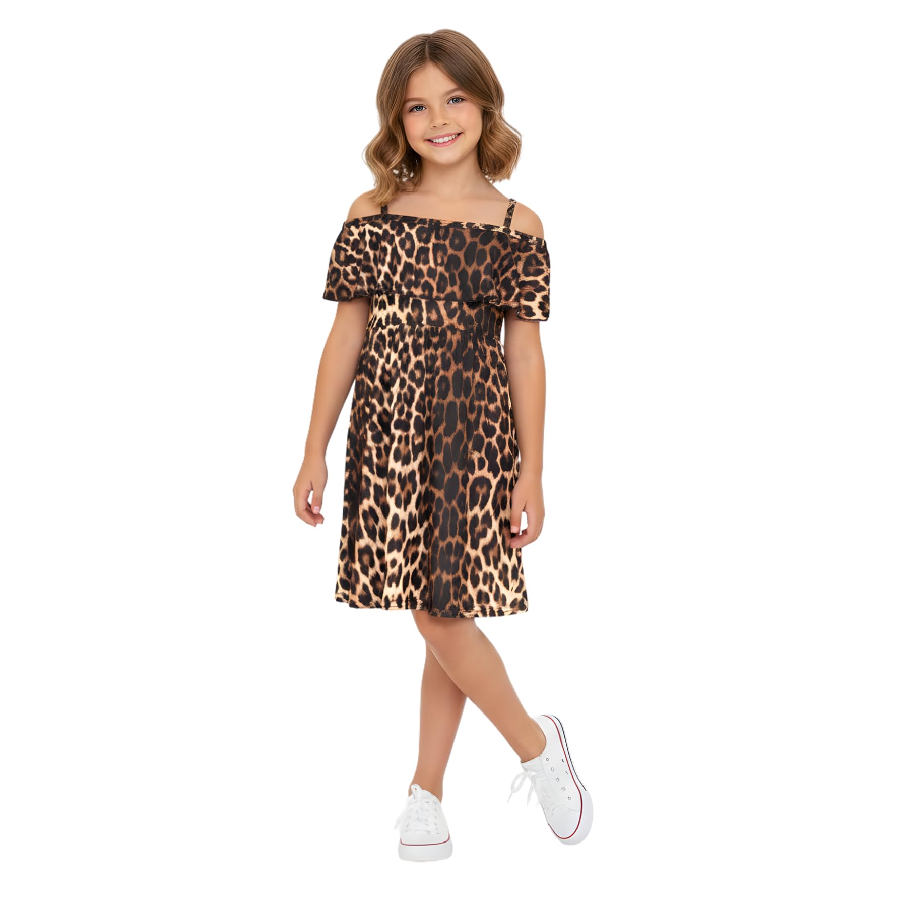 A2Z 4 Kids Girls Skater Dress - Off Shoulder Dress Leopard 7-8