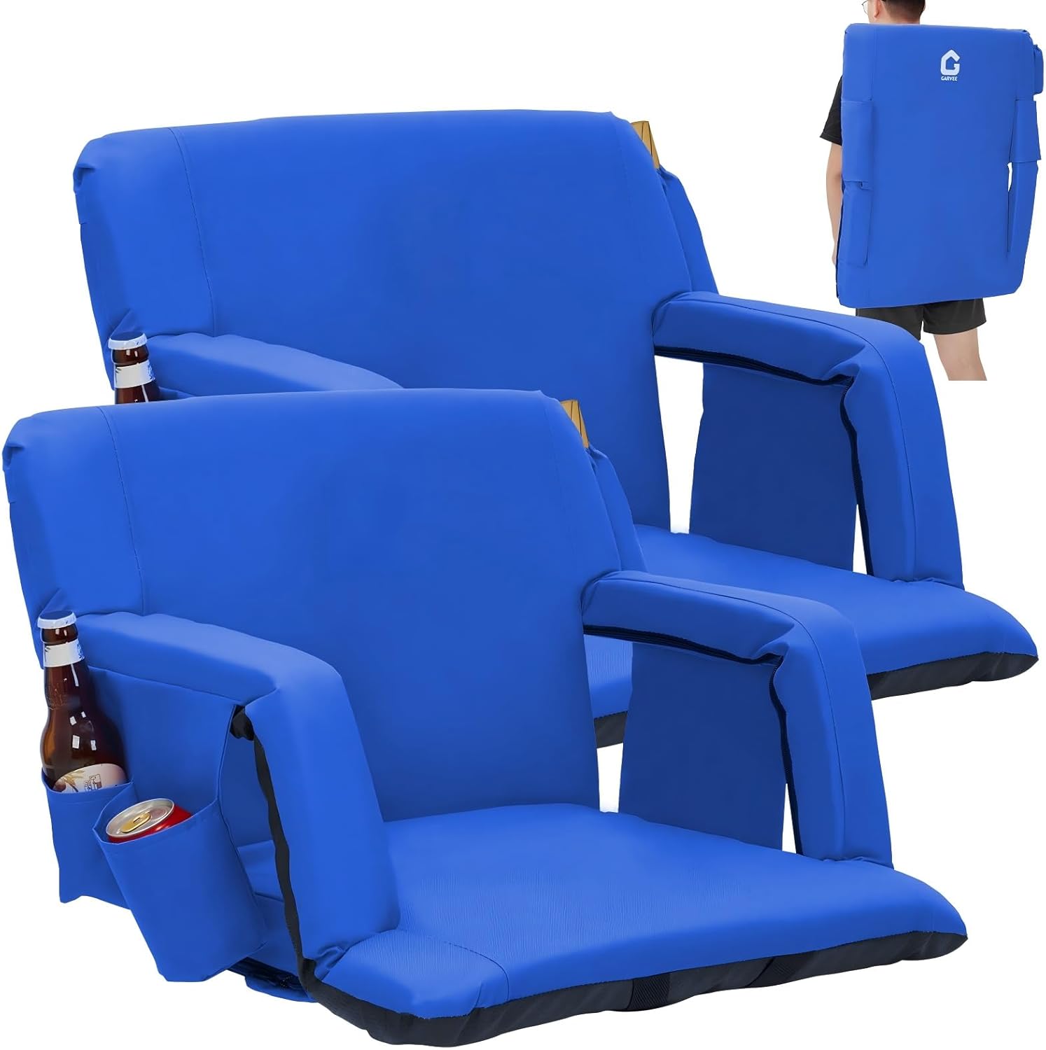 KYBOLT 2 Pack Wide Bleacher Seats with Back Support, 6-Position Reclining Stadium Chairs with Adjustable Armrests, Cup Holder & Pockets, Portable Folding Chairs for Sports, Concerts